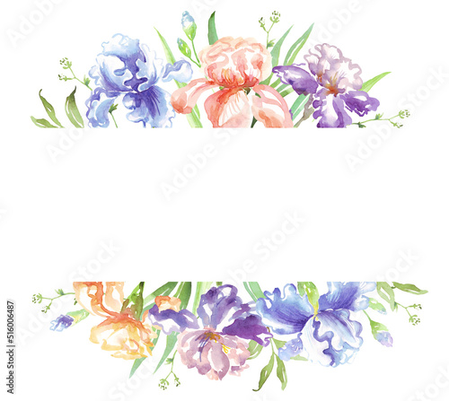 Watercolor iris frame. Hand-painted clipart