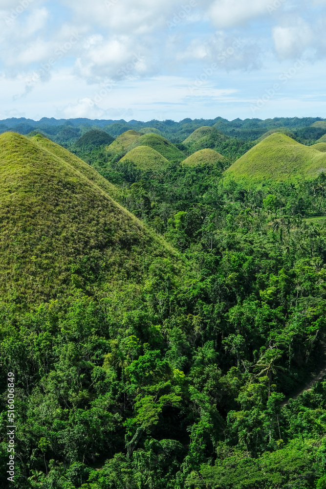 Bohol, Philippines - July 2022: The Chocolate Hills are a geological formation in Bohol Island on July 3, 2022 in Bohol, Philippines.