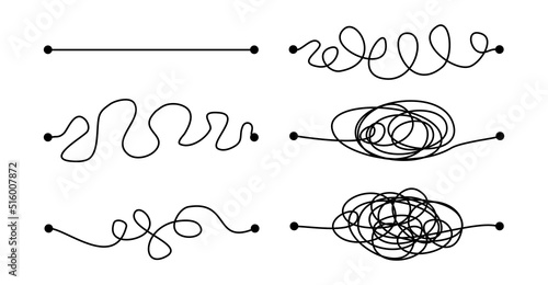 Hard, medium and easy way solution concept illustrated by tangled and straight lines. Complicated and simple path decision. Vector illustration design.