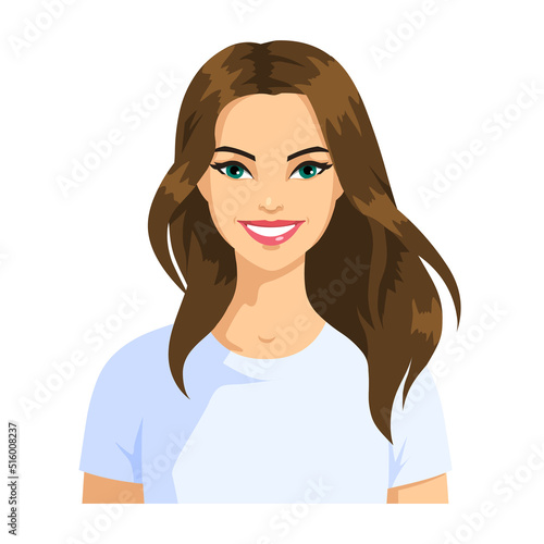 Portrait of a smiling young woman with brown flowing hair. A girl in a white T-shirt is isolated on a white background. Avatar of a happy woman. Vector.