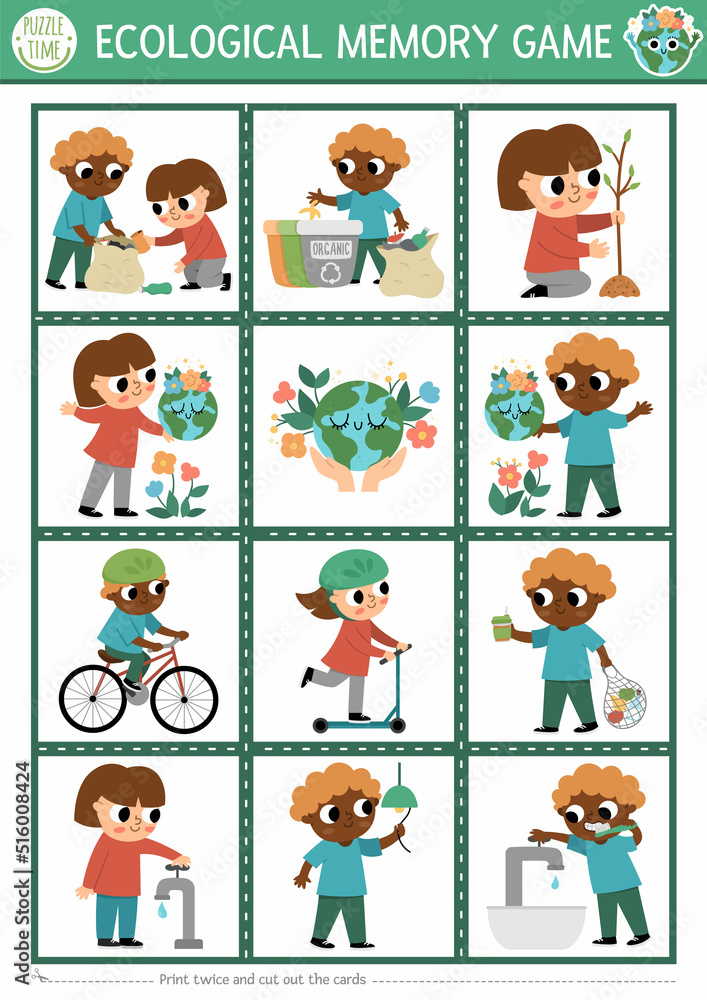 Vector ecological memory game cards with cute children caring of environment. Eco awareness matching activity. Remember and find correct card. Simple printable worksheet for kids.