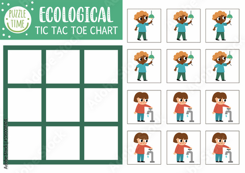 Vector ecological tic tac toe chart with cute kids saving water and electricity. Eco awareness board game playing field. Funny Earth day printable worksheet. Noughts and crosses grid .