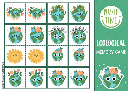 Vector ecological memory game cards with cute planets. Eco awareness matching activity. Remember and find correct card. Simple Earth day printable worksheet for kids with kawaii stars.
