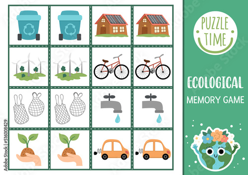 Vector ecological memory game cards with traditional environment friendly symbols. Eco awareness matching activity. Remember and find correct card. Earth day printable worksheet for kids.