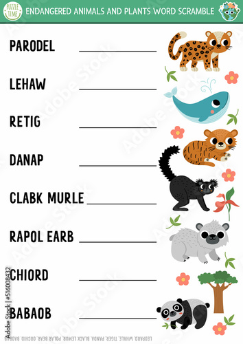 Vector extinct animals and plants word scramble activity page. English language game with whale, leopard, panda for kids. Ecological awareness quiz. Educational printable worksheet.