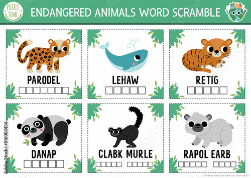 Vector extinct animals word scramble activity page. English language game with whale, leopard, panda for kids. Ecological awareness quiz flash cards. Educational printable worksheet.