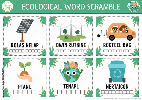 Vector ecological word scramble activity flash cards. English language game with traditional eco symbols for kids. Eco awareness quiz. Environment friendly educational printable worksheet.