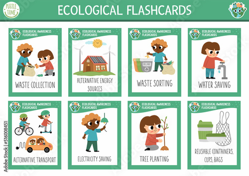 Vector flash cards set with kids caring of environment. Ecological English language game. Eco awareness flashcards for children. Simple educational printable worksheet..