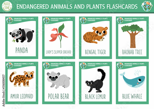 Vector flash cards set with extinct animals. Ecological English language game with whale, panda, leopard. Eco awareness flashcards for children. Simple educational printable worksheet..