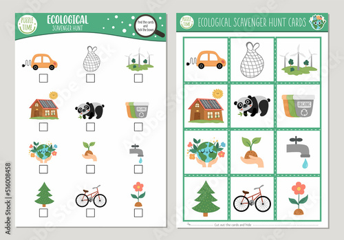 Vector ecological scavenger hunt cards set. Seek and find game with cute eco awareness symbols for kids. Earth day searching activity. Simple educational printable worksheet.