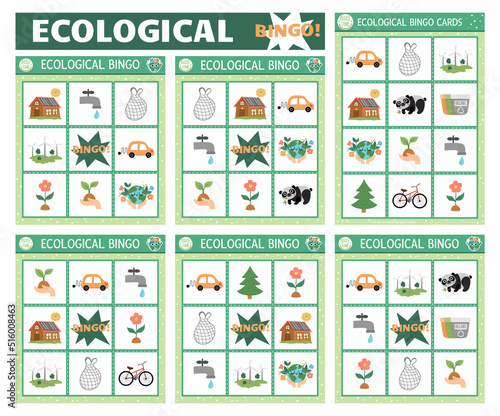 Vector ecological bingo cards set. Fun family lotto board game with cute eco awareness symbols for kids. Earth day lottery activity. Simple educational printable worksheet..