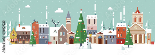 Fototapeta Naklejka Na Ścianę i Meble -  Cute Christmas houses, city buildings. Cosy town panorama with  home exteriors. Urban street with chimneys, smoke. Flat vector illustration isolated on white background.