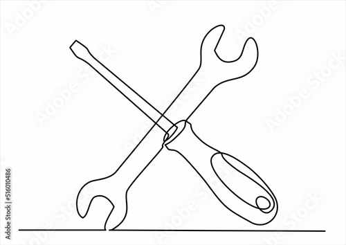 Single continuous line of screwdriver and wrench. Computer service technology support design element one sketch outline drawing vector illustration
