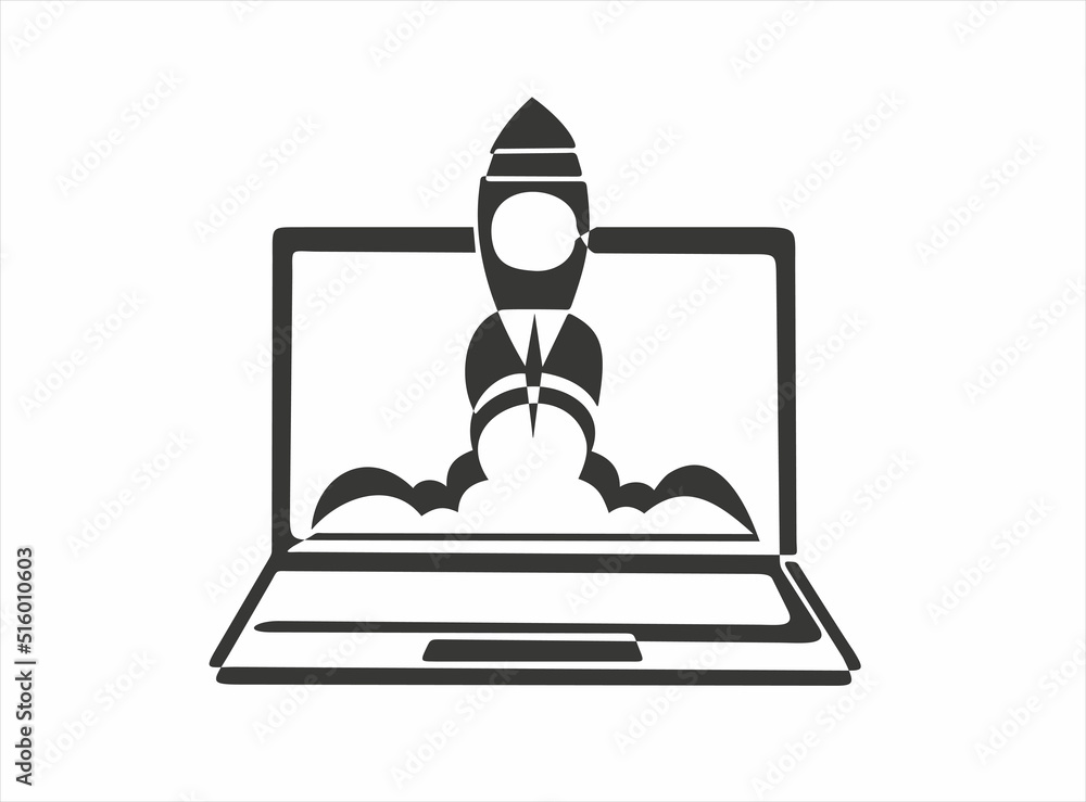 icon of Rocket launch, ship on screen laptop. Startup business. Vector illustration. Isolated on white background.