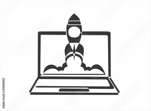icon of Rocket launch, ship on screen laptop. Startup business. Vector illustration. Isolated on white background.