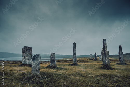 Ancient magic in the Calanais Standing Stones Circle, erected by neolithic men for worship. Celtic traditions in the outer hebrides of Scotland. Touristic attraction.