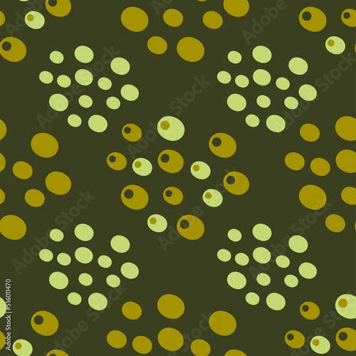 Seamless vector pattern with olives on a green backgroundon. Illustration for the label of olive oil, canned olives, olive product packaging. Vegetable texture