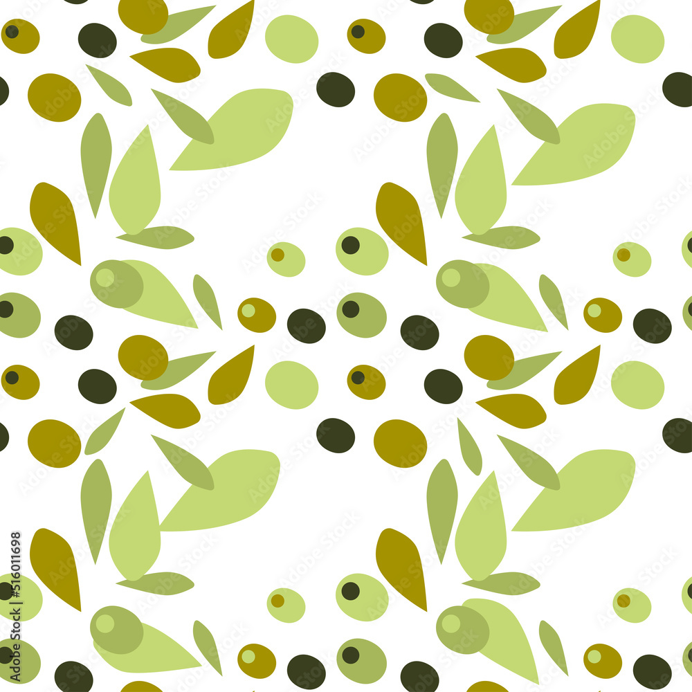 Seamless vector pattern with olives and olive leaves on a white background. Illustration for the label of olive oil, canned olives, olive product packaging. Vegetable texture Seamless vector pattern with olives and olive leaves on a white background. Illustration for the label of olive oil, canned olives, olive product packaging. Vegetable texture