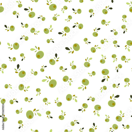 Fototapeta Naklejka Na Ścianę i Meble -  Seamless vector pattern with olives and olive leaves on a white background. Illustration for the label of olive oil, canned olives, olive product packaging. Vegetable texture