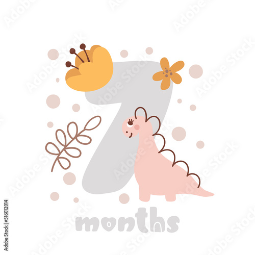 7 seven months anniversary card. Baby shower print with cute animal dino and flowers capturing all special moments. Baby milestone card for newborn girl