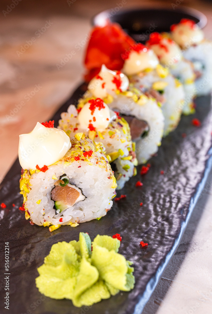 japanese dish rice rolls with cheese close-up japanese dish rice rolls with cheese close-up