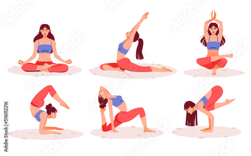 Women practice yoga and meditation. Practice meditation. The concept of Zen and harmony. Mental health. A girl in different yoga poses. Vector illustration