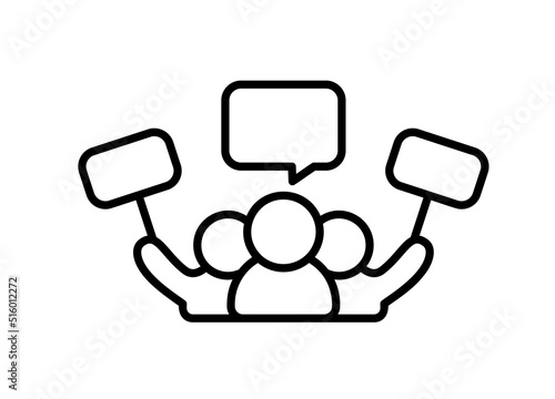 protester men with poster and bubble vector monoline icon isolated. Perfect outline symbol public demonstration strike. protest activist design element with editable Stroke line