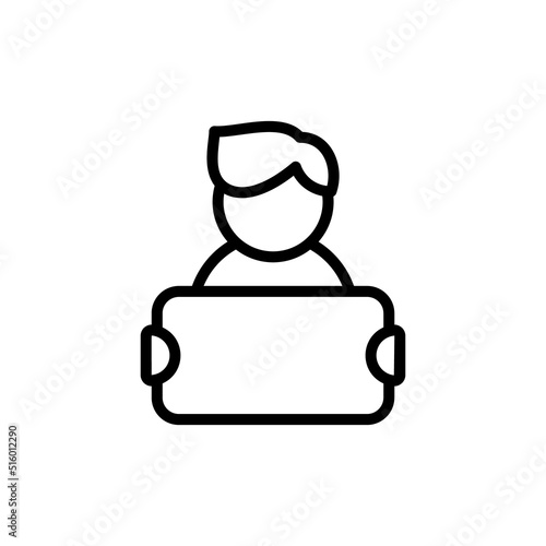 protester man with poster vector monoline icon isolated on white. Perfect outline symbol public demonstration strike. protest activist insurrection design element with editable Stroke line