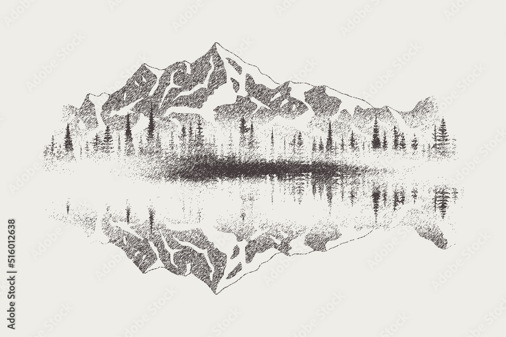 Forest and mountains are reflected in the lake, vignette. Vector sketch, imitation of a pencil drawing.