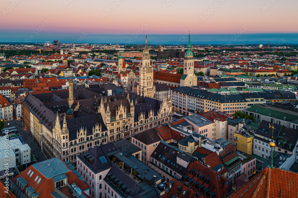 Aerial View on Marienplatz Town Hall in Munich, Germany