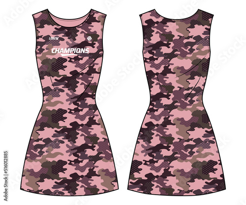 Camouflage printed Women Sleeveless tennis dress sports top jersey design flat sketch fashion Illustration suitable for girls and Ladies, dress for running dress jersey, netball, badminton sport kit