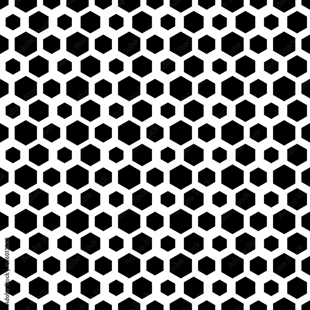 Repeated black figures on white background. Stylized honeycomb wallpaper. Seamless surface pattern design with hexagons. Mosaic motif. Digital paper for page fills, web designing, textile print. Repeated black figures on white background. Stylized honeycomb wallpaper. Seamless surface pattern design with hexagons. Mosaic motif. Digital paper for page fills, web designing, textile print.