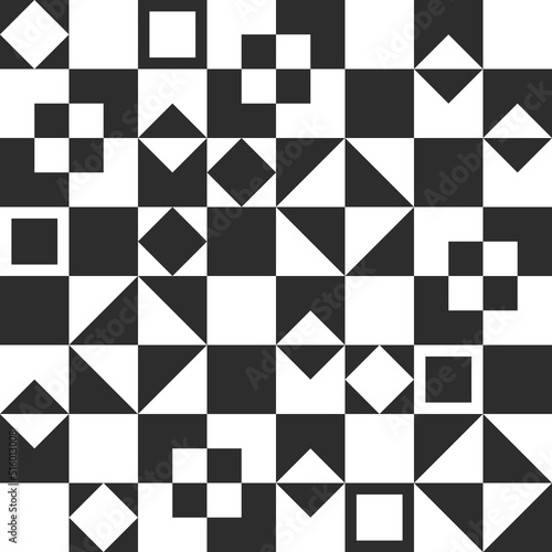 Abstract black and white vector illustration. Geometric figures in the form of a chessboard. Vector chess abstraction like checkers board. Seamless chess and abstract pattern.
