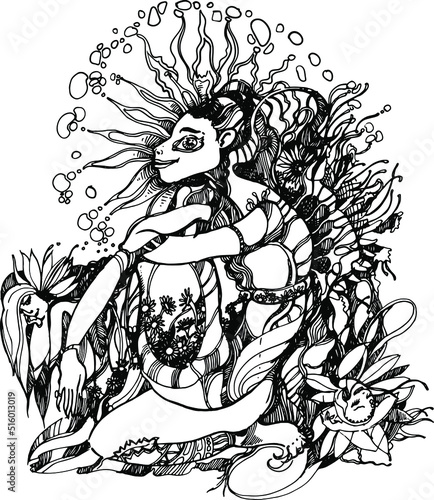 The character is a hand-drawn graphic drawing. Black and white abstraction of lines and strokes. Esotericism and psychology. Associative graphics.