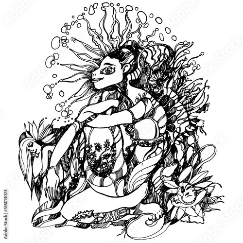 The character is a hand-drawn graphic drawing. Black and white abstraction of lines and strokes. Esotericism and psychology. Associative graphics.