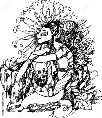 The character is a hand-drawn graphic drawing. Black and white abstraction of lines and strokes. Esotericism and psychology. Associative graphics.