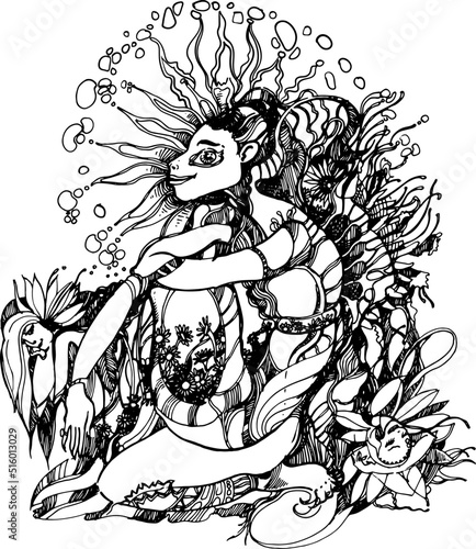 The character is a hand-drawn graphic drawing. Black and white abstraction of lines and strokes. Esotericism and psychology. Associative graphics.