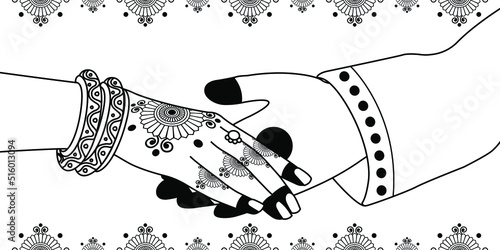 Hindu wedding card design clip art with bride and groom hand. Groom hold hand of bride in wedding ceremony ritual.