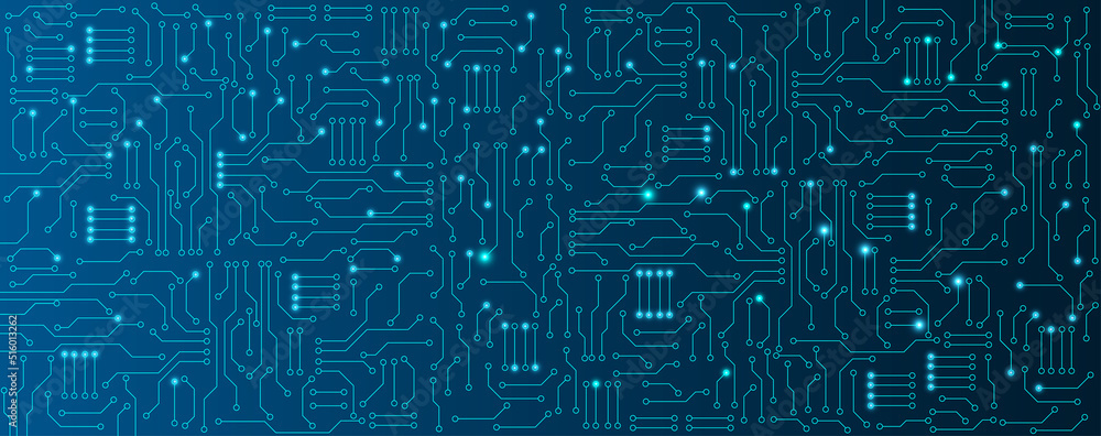 Blue circuit electronic or electrical line with circle engineering technology concept vector background