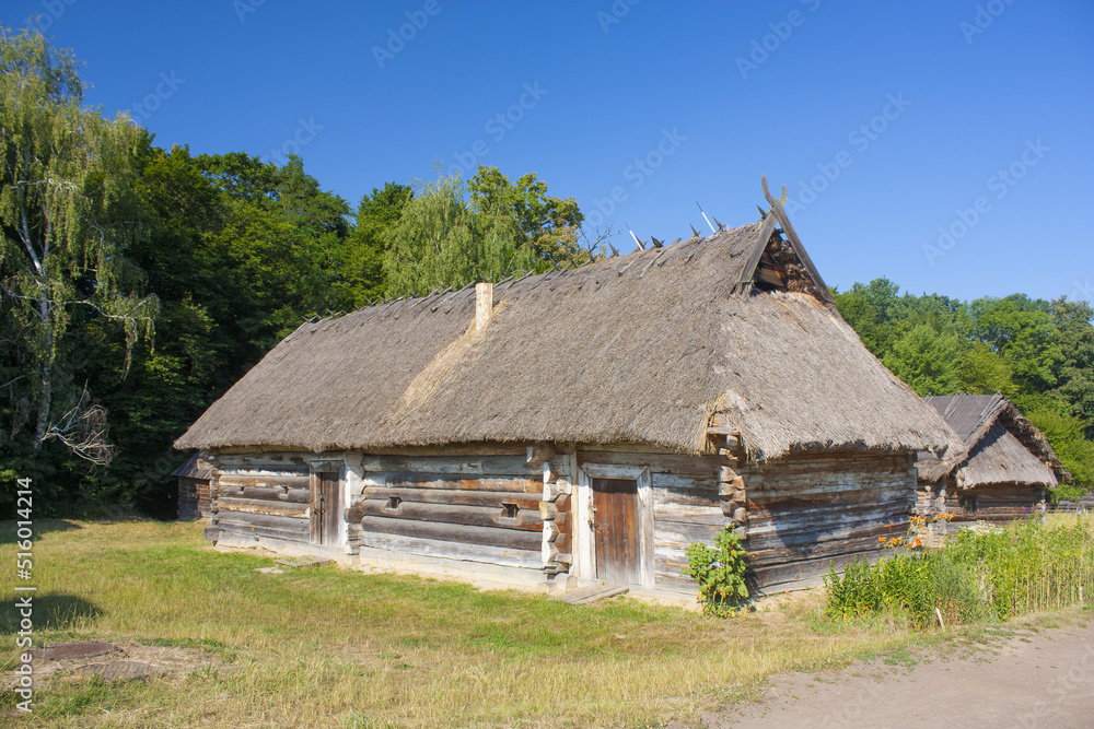 Traditional ukrainian house in the museum of national architecture in Pirogovo in a summer day in Kyiv, Ukraine	