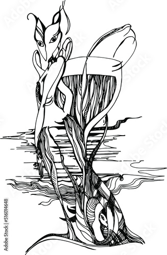 The character is a hand-drawn graphic drawing. Black and white abstraction of lines and strokes. Esotericism and psychology. Associative graphics.