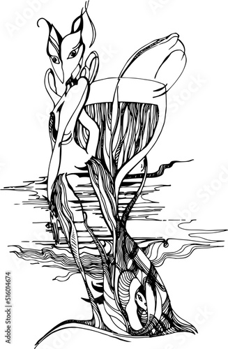 The character is a hand-drawn graphic drawing. Black and white abstraction of lines and strokes. Esotericism and psychology. Associative graphics.