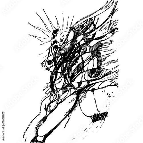 Abstraction, Manual graphic drawing. Black and white abstraction of lines and strokes. Esotericism and psychology. Associative graphics.