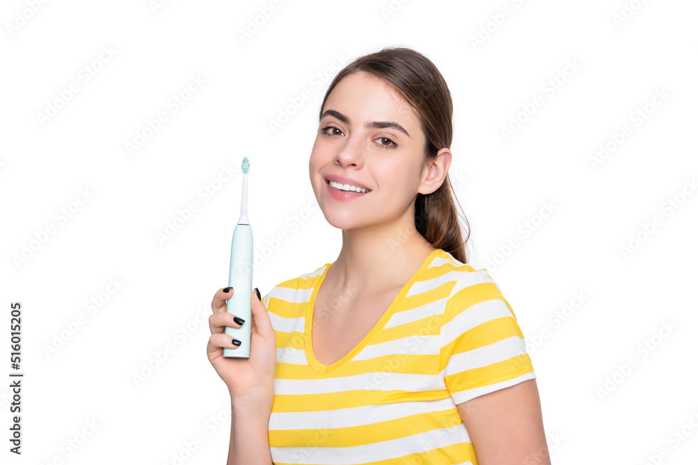 happy girl with electric toothbrush isolated on white background happy girl with electric toothbrush isolated on white background