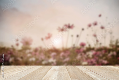Empty top wooden table on soft blurred cosmos flowers blooming with sun light