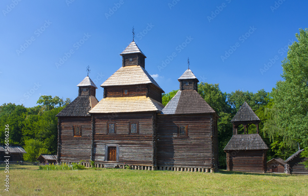 Old wooden church in Pirogovo (Church of the Resurrection from Poltava), Ukraine
