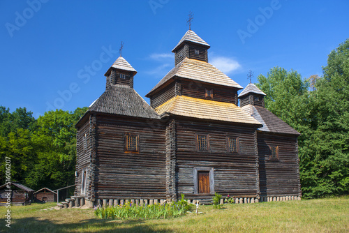 Old wooden church in Pirogovo (Church of the Resurrection from Poltava), Ukraine 