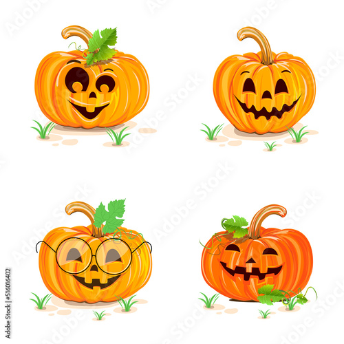 Halloween set of funny pumpkins in cartoon style on a white background. Vector illustration to decorate a flyer, poster, invitation or social media ad for Halloween.
