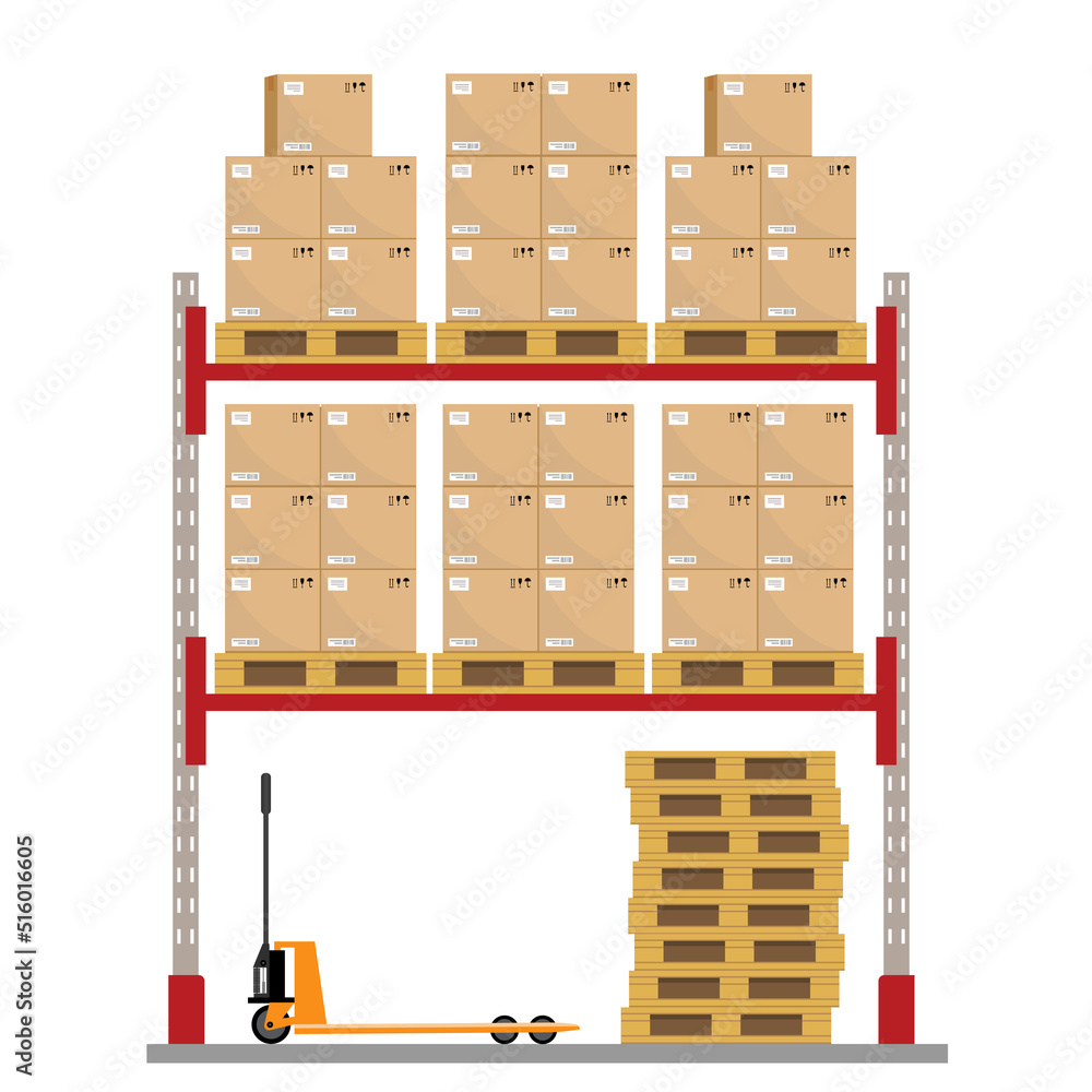 Metal racks for a warehouse with boxes on pallets. Flat design, front view. jpeg image illustration.Boxes on wooded pallet jpg illustration, flat style warehouse cardboard parcel boxes stack front vi Metal racks for a warehouse with boxes on pallets. Flat design, front view. jpeg image illustration.Boxes on wooded pallet jpg illustration, flat style warehouse cardboard parcel boxes stack front vi