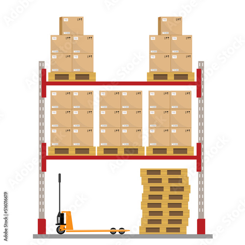 Metal racks for a warehouse with boxes on pallets. Flat design, front view. jpeg image illustration.Boxes on wooded pallet jpg  illustration, flat style warehouse cardboard parcel boxes stack front vi